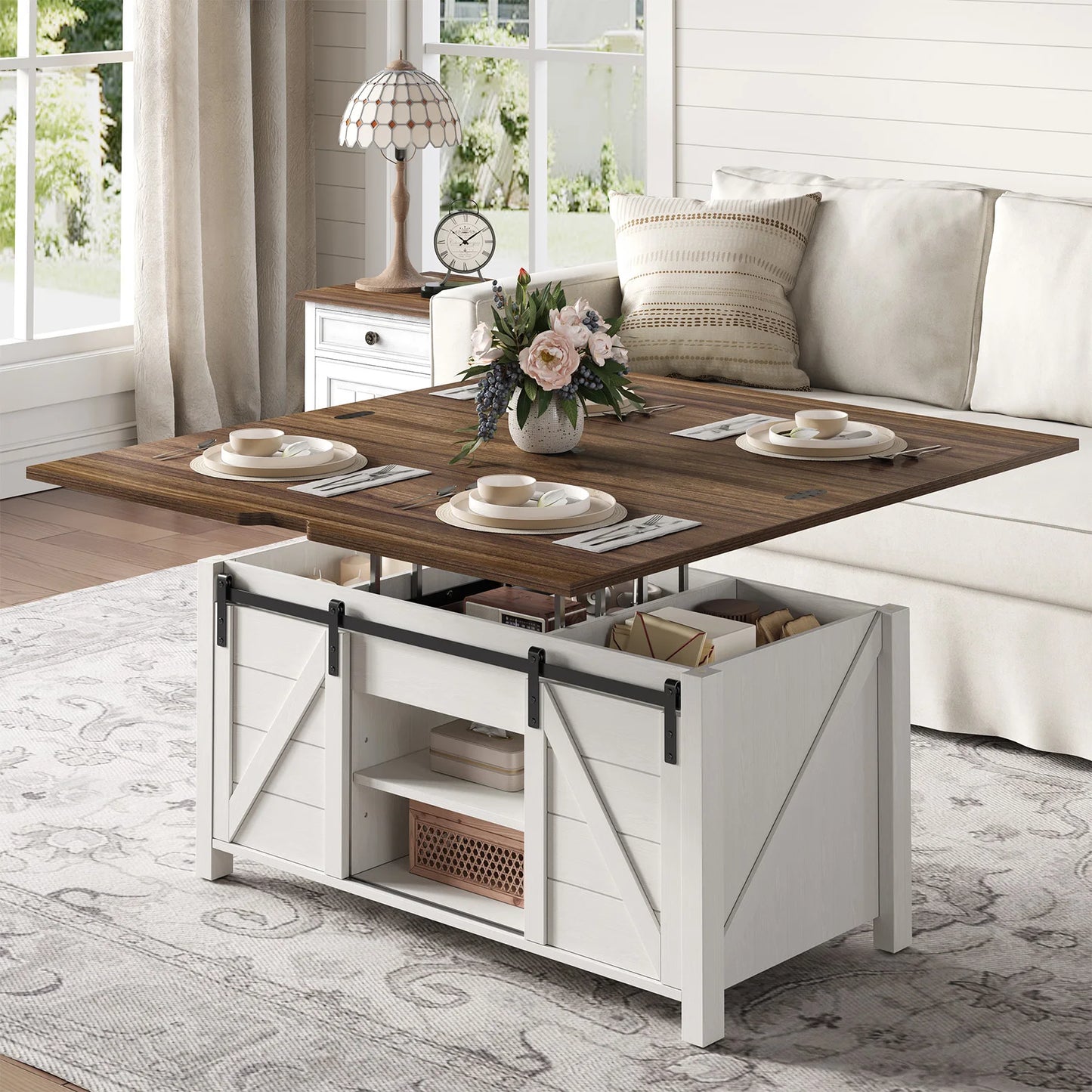 Farmhouse Lift Top Coffee Table with Sliding Barn Door,Rustic Center Table with Hidden Storage Compartment,Storage Coffee Table