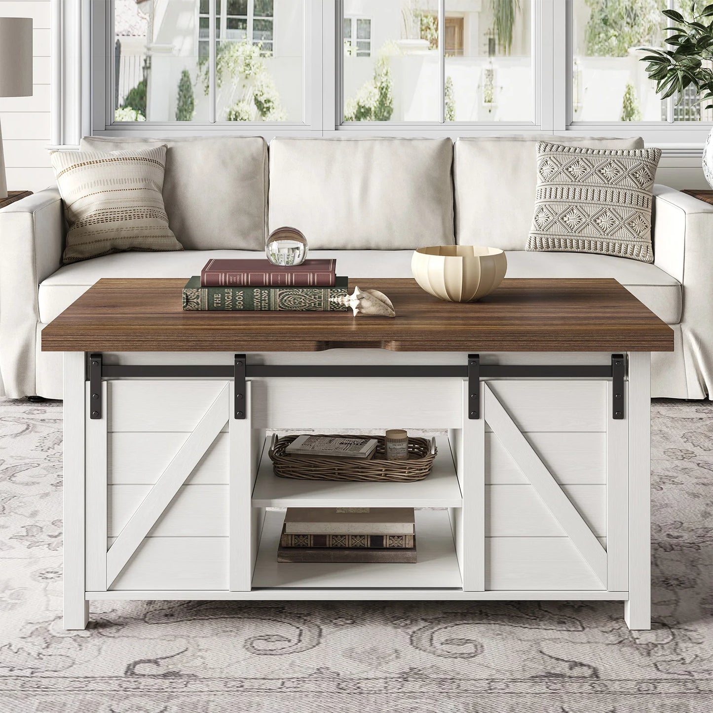 Farmhouse Lift Top Coffee Table with Sliding Barn Door,Rustic Center Table with Hidden Storage Compartment,Storage Coffee Table