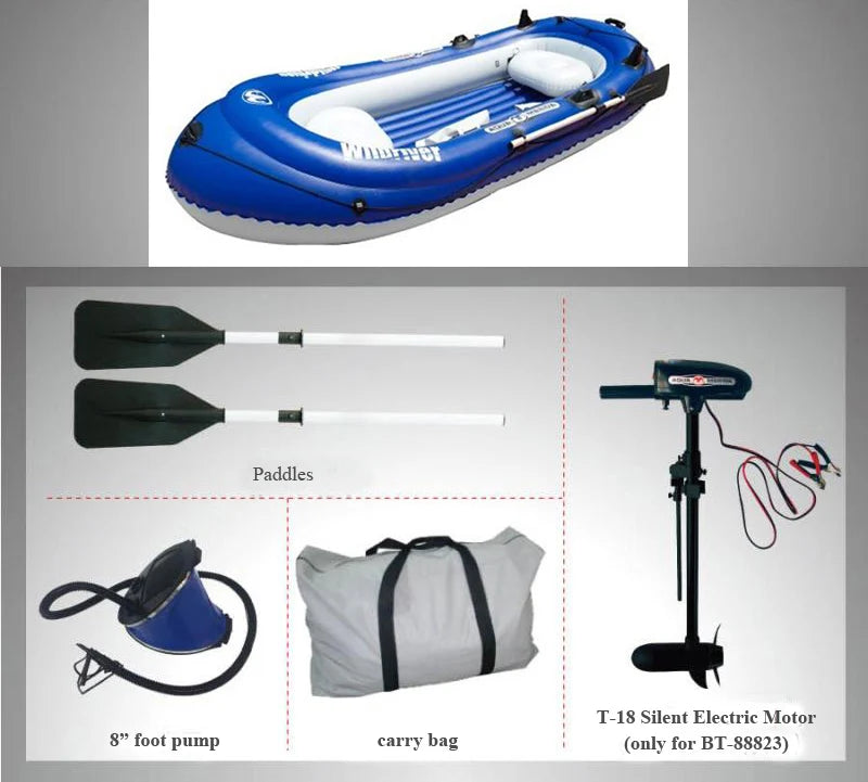 2 Person WILDRIVER fishing boat thick PVC inflatable boat kayak dinghy raft  paddle foot pump bag motor mount engine