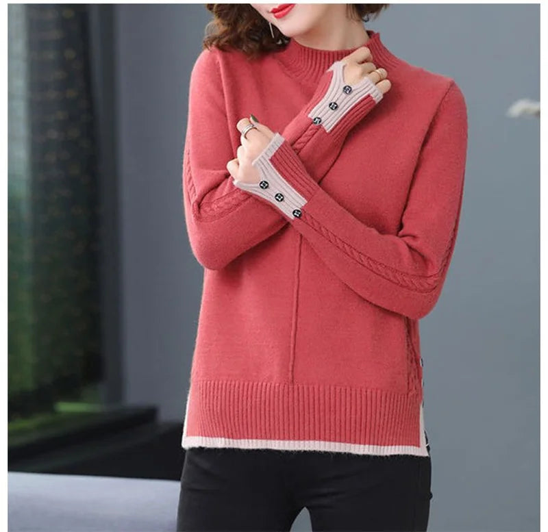 Spring Autumn Women Pullovers Korean Loose Solid Half Turtleneck Sweater Ladies Long Sleeve Jumper Tops Female Knitted Sweater