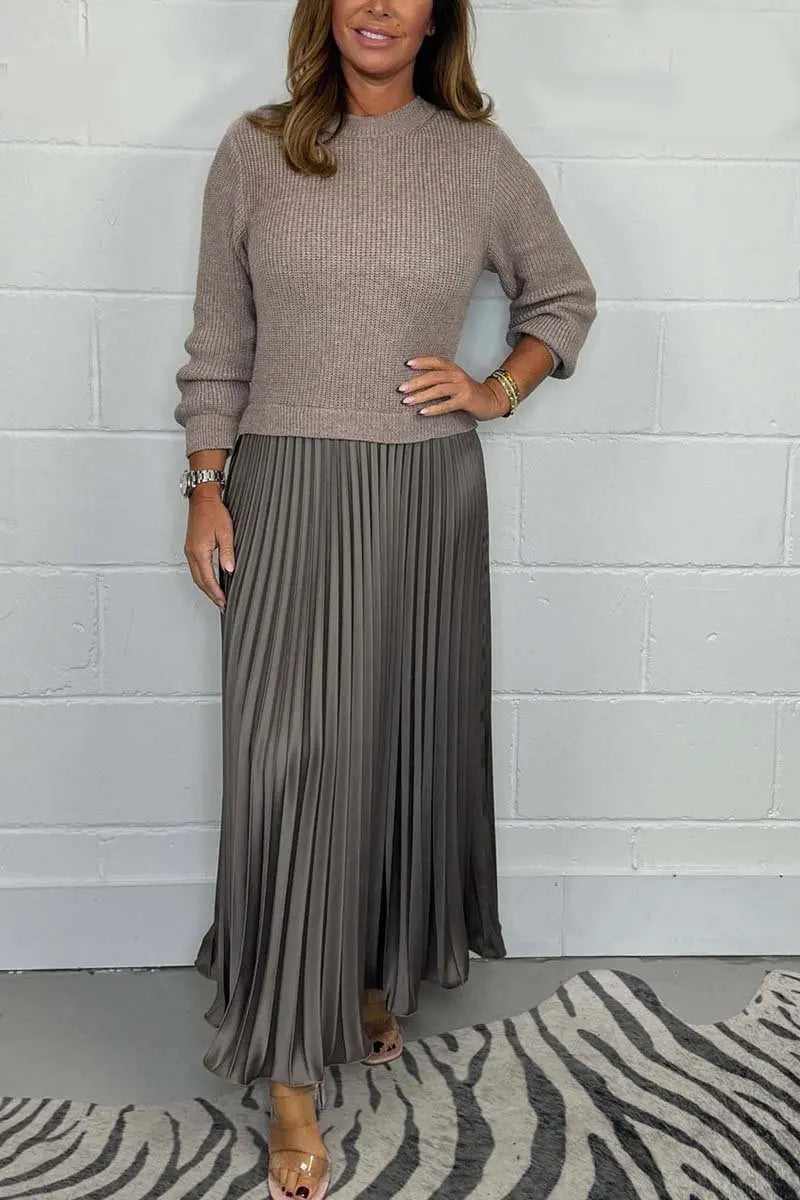Women's solid color Long Sleeve Jumper Pleated Bottom Dress S-3XL Elegant and stylish pleat dresses with round neck for women