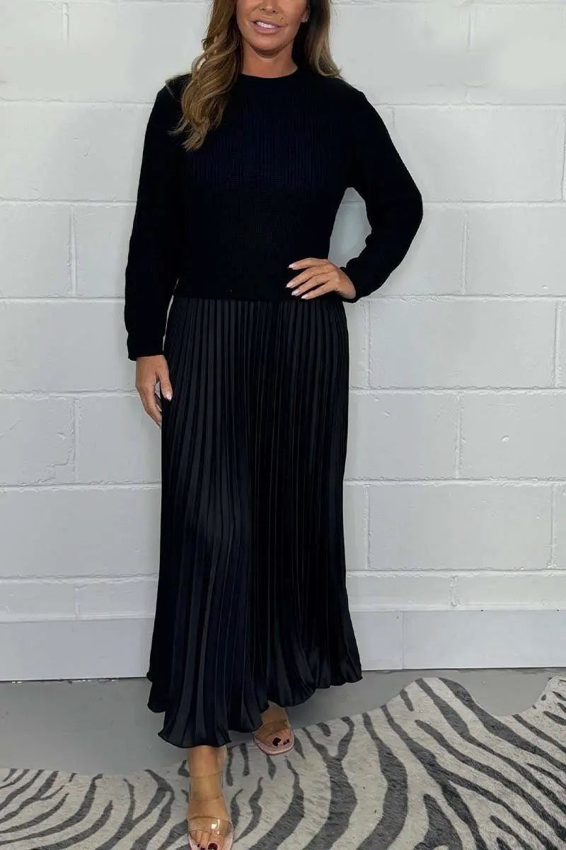 Women's solid color Long Sleeve Jumper Pleated Bottom Dress S-3XL Elegant and stylish pleat dresses with round neck for women