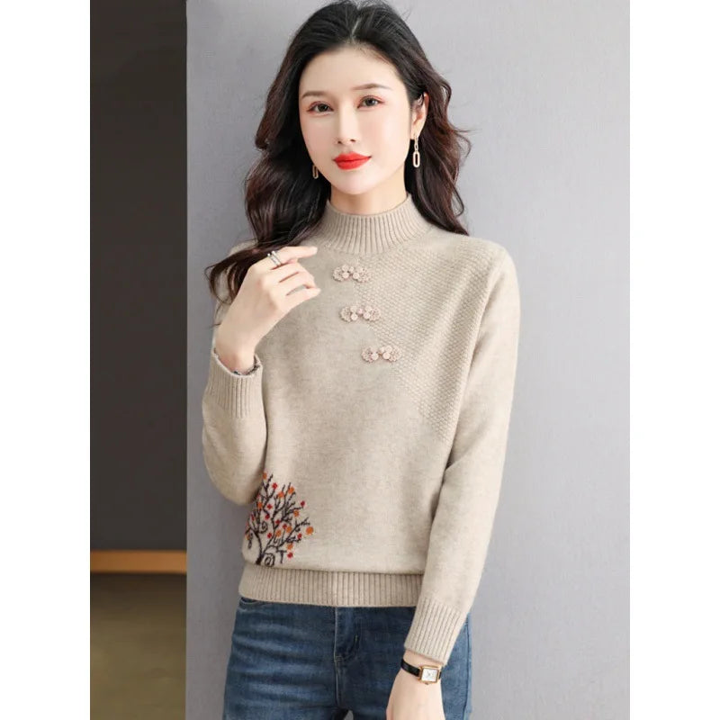 Vintage Woolen Half-neck Pullover In Autumn And Winter New Cashmere Sweater Women's Casual Knit Top Warm Bottoming Pull Tops