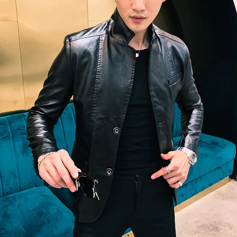 2022 Mens Leather Jacket and Coats New Spring and Autumn Men Business Casual Classic Pu Leather Suit Collar Slim Fit Jackets