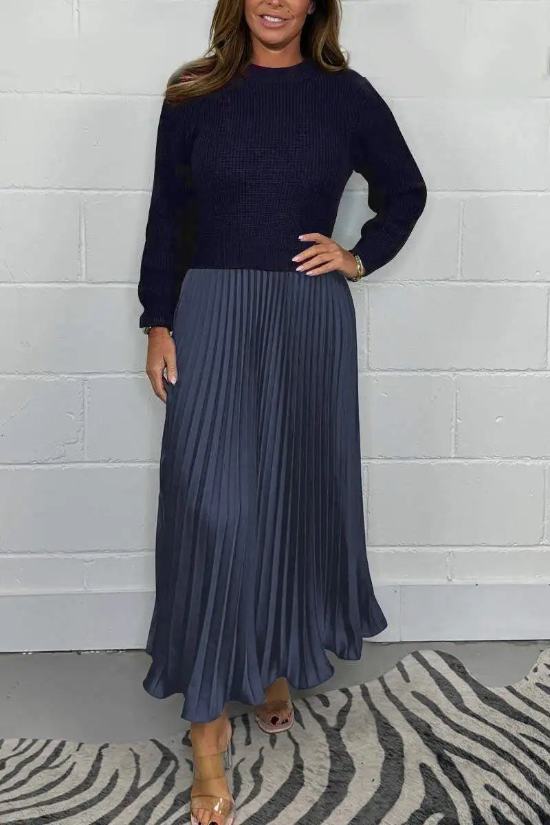 Women's solid color Long Sleeve Jumper Pleated Bottom Dress S-3XL Elegant and stylish pleat dresses with round neck for women