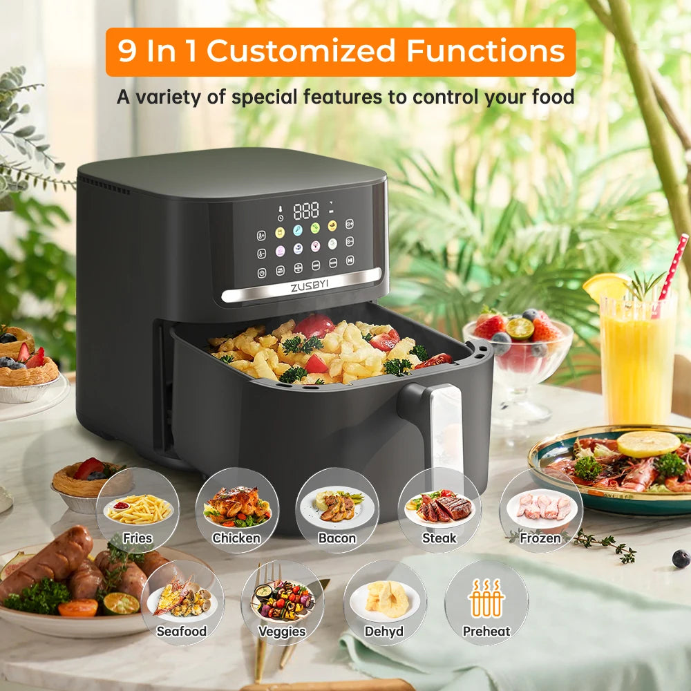 Air Fryer, ZUSBYI 6.5QT Air Fryer Oven With Smart Coloful Screen, 12 in 1 Customizable Functions, 1-Touch Digital Display