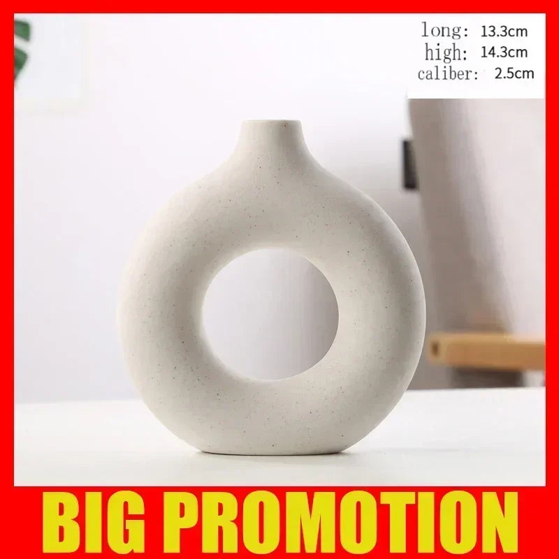 Nordic Vase Circular Hollow Ceramic Flower Vase for Home Living Room Decoration Accessories Interior Office Desktop Decor Gift
