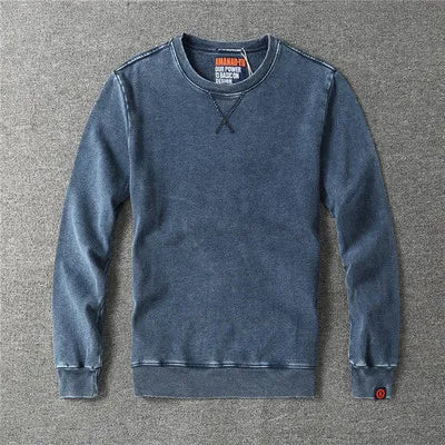 Autumn New American Retro Denim Knitted Sweatshirts Men's Simple 100% Cotton Heavy Washed Old Casual Youth Pullover Sportwear