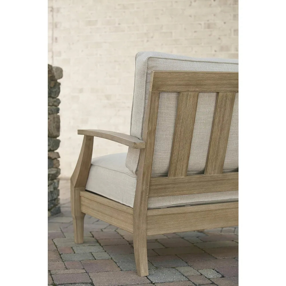Outdoor Eucalyptus Wood Single Cushioned Lounge Chair for Patio, 30"D x 35"W x 37"H,Beige