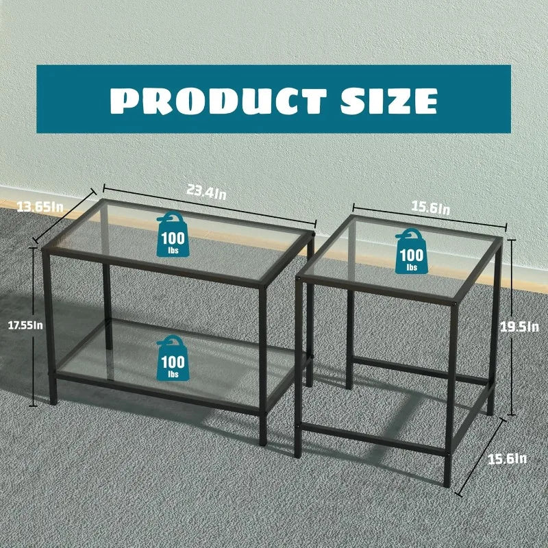 Nesting Coffee Table,Small Glass Coffee Table Set of 2, Modern Square Sofa Side Tea Table Black，Gold