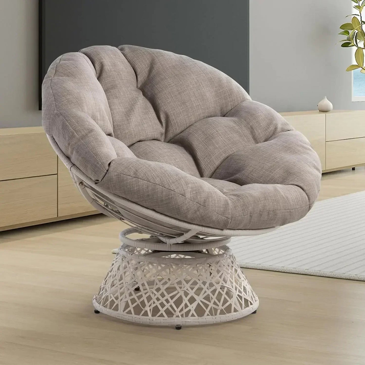 Ergonomic Wicker Papasan Chair with Soft Thick Density Fabric Cushion, High Capacity Steel Frame, 360 Degree Swivel, Room Chairs
