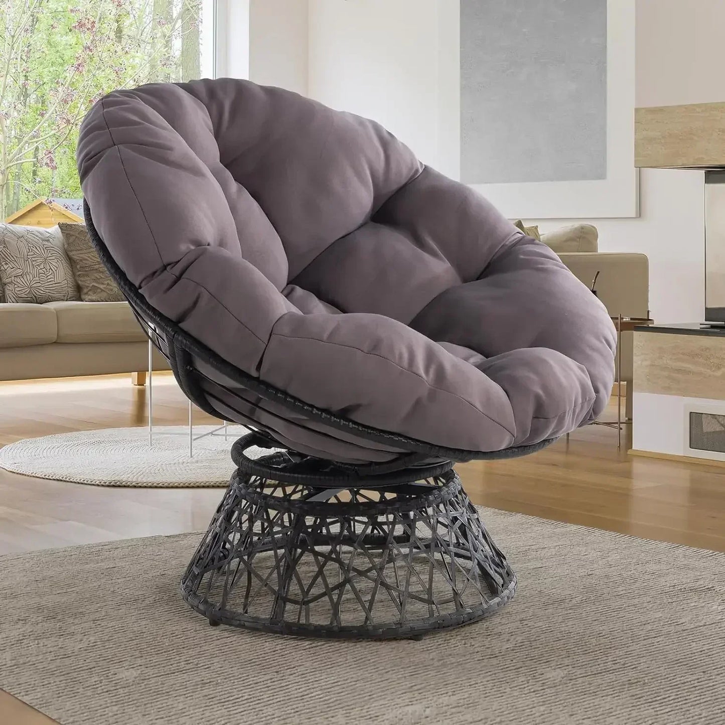 Ergonomic Wicker Papasan Chair with Soft Thick Density Fabric Cushion, High Capacity Steel Frame, 360 Degree Swivel, Room Chairs