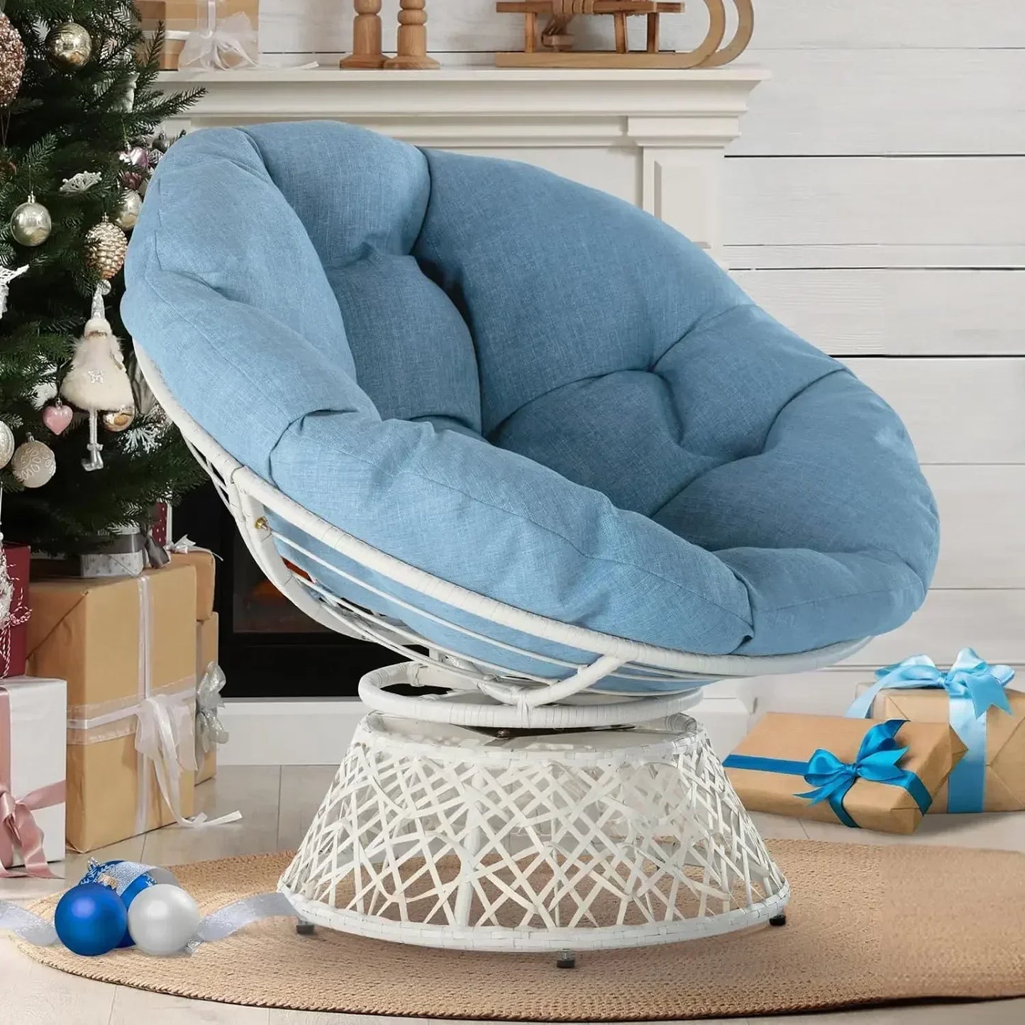 Ergonomic Wicker Papasan Chair with Soft Thick Density Fabric Cushion, High Capacity Steel Frame, 360 Degree Swivel, Room Chairs