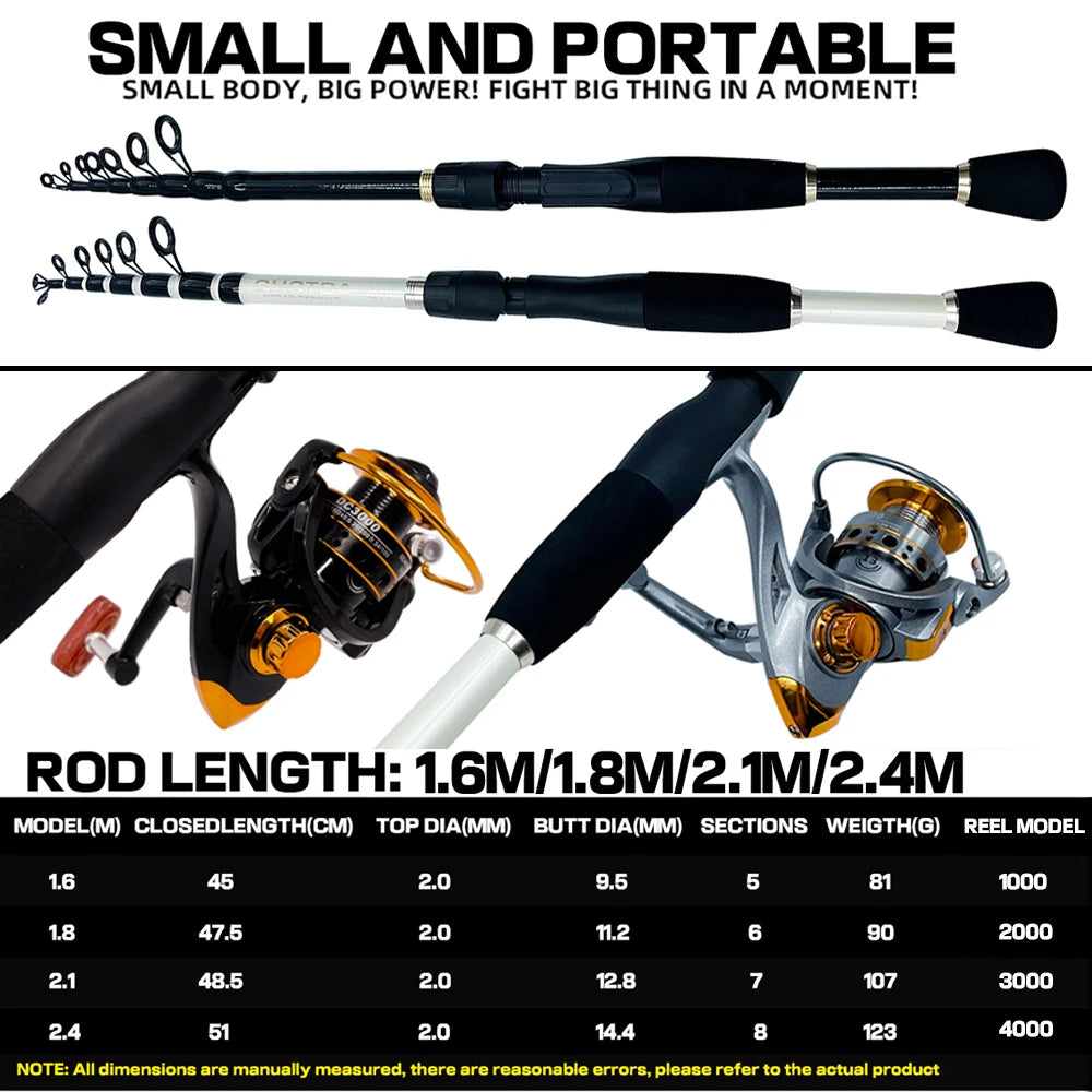 GHOTDA 1.6-2.4m Carbon Fiber Telescopic Lure Fishing Rod and Reel Combo Top Quality Casting Fishing Pole Spinning Reel Set Pesca