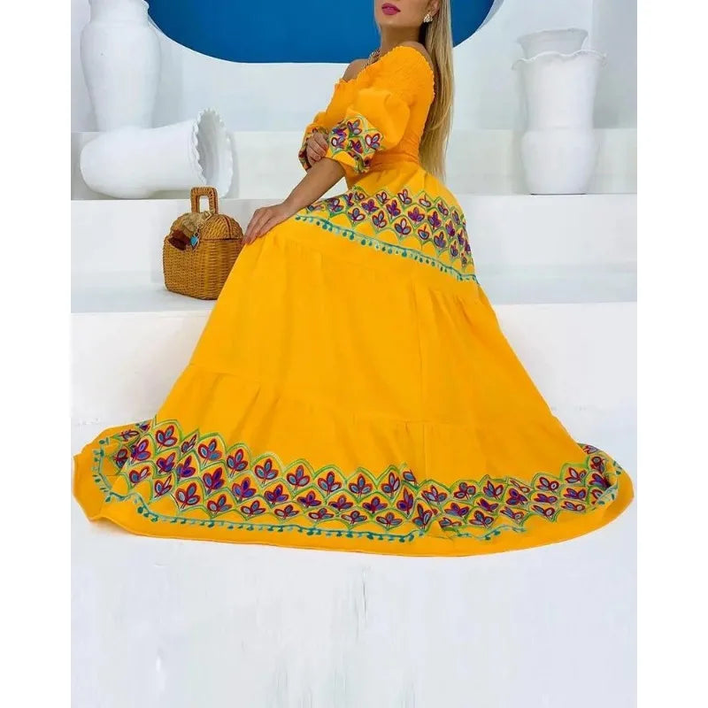 Women Long Loose Maxi New Summer High Waist Strap Type Loose Yellow Ethnic Print Long Group Dress