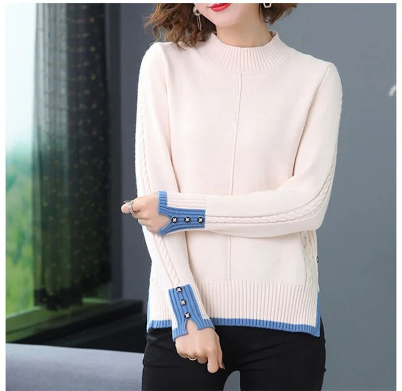 Spring Autumn Women Pullovers Korean Loose Solid Half Turtleneck Sweater Ladies Long Sleeve Jumper Tops Female Knitted Sweater