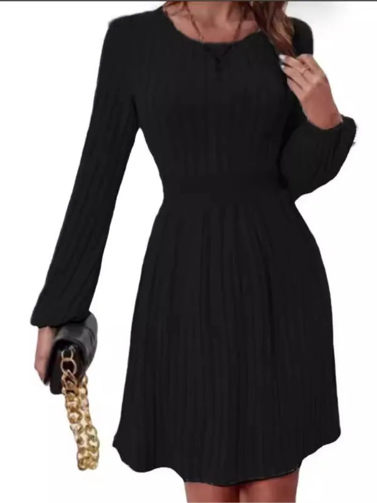 Spring Autumn Women's New Style Pit Bar Round Neck Fashionable Small Lantern Cuffs Pulling Back Waist A-line Medium Length Dress