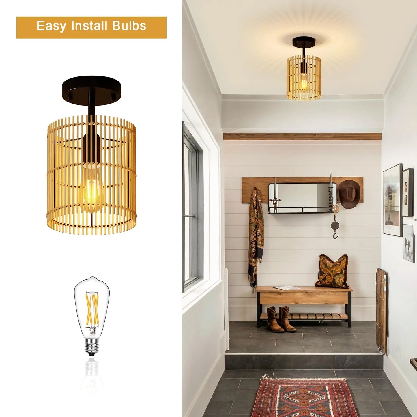 Bamboo Ceiling Light Fixtures, Farmhouse Rattan Light Fixtures Ceiling Mount, Handmade Boho Semi Flush Mount Ceiling Light for B
