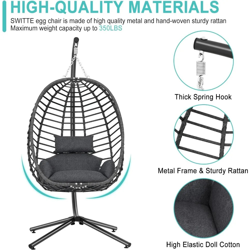 Egg Swing Chair with Stand, Outdoor Hanging Egg Chair with Stand, Indoor Eggs Chair with Cushion, Patio Wicker Swing Eggs