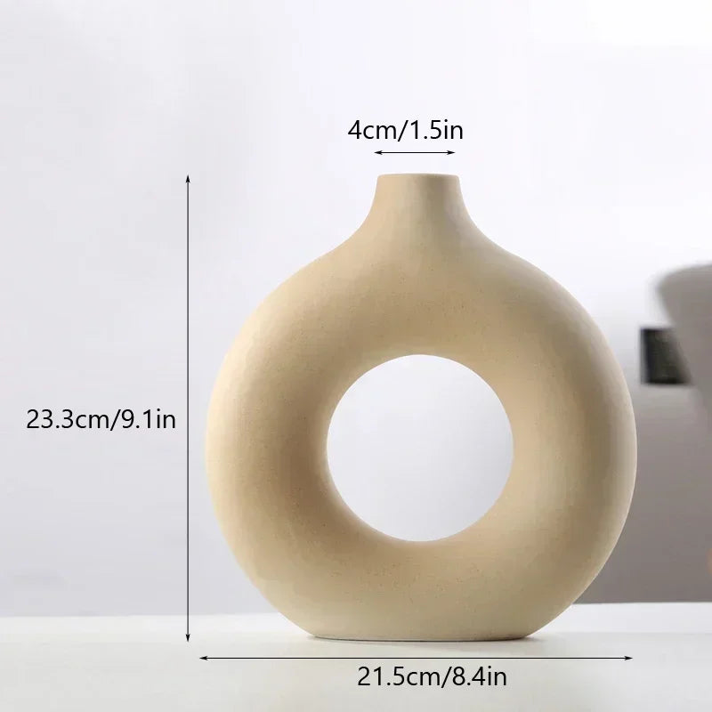 Nordic Vase Circular Hollow Ceramic Flower Vase for Home Living Room Decoration Accessories Interior Office Desktop Decor Gift