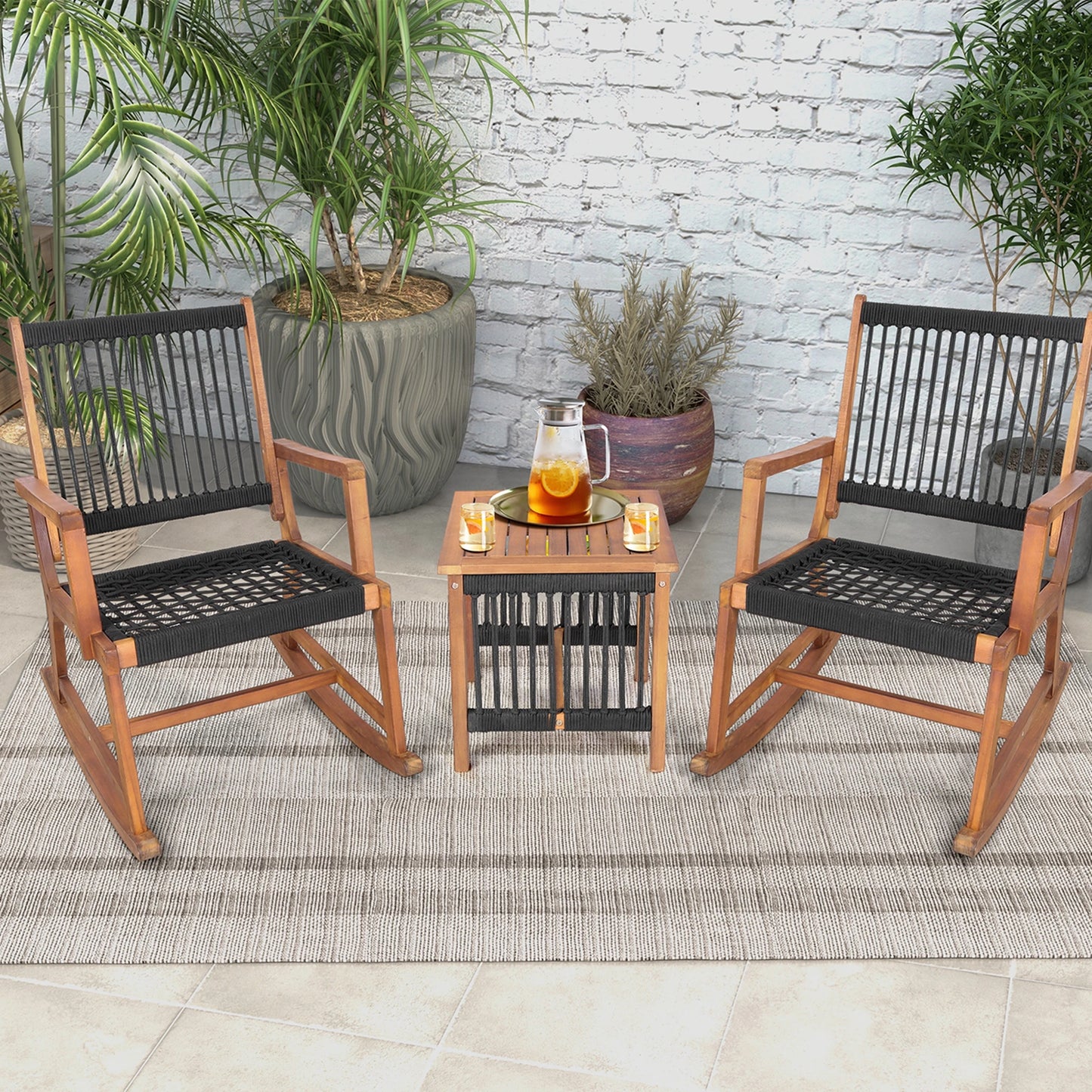 3pcs Patio Acacia Wood Bistro Table Rocking Chair Set All-Weather Rope Outdoor