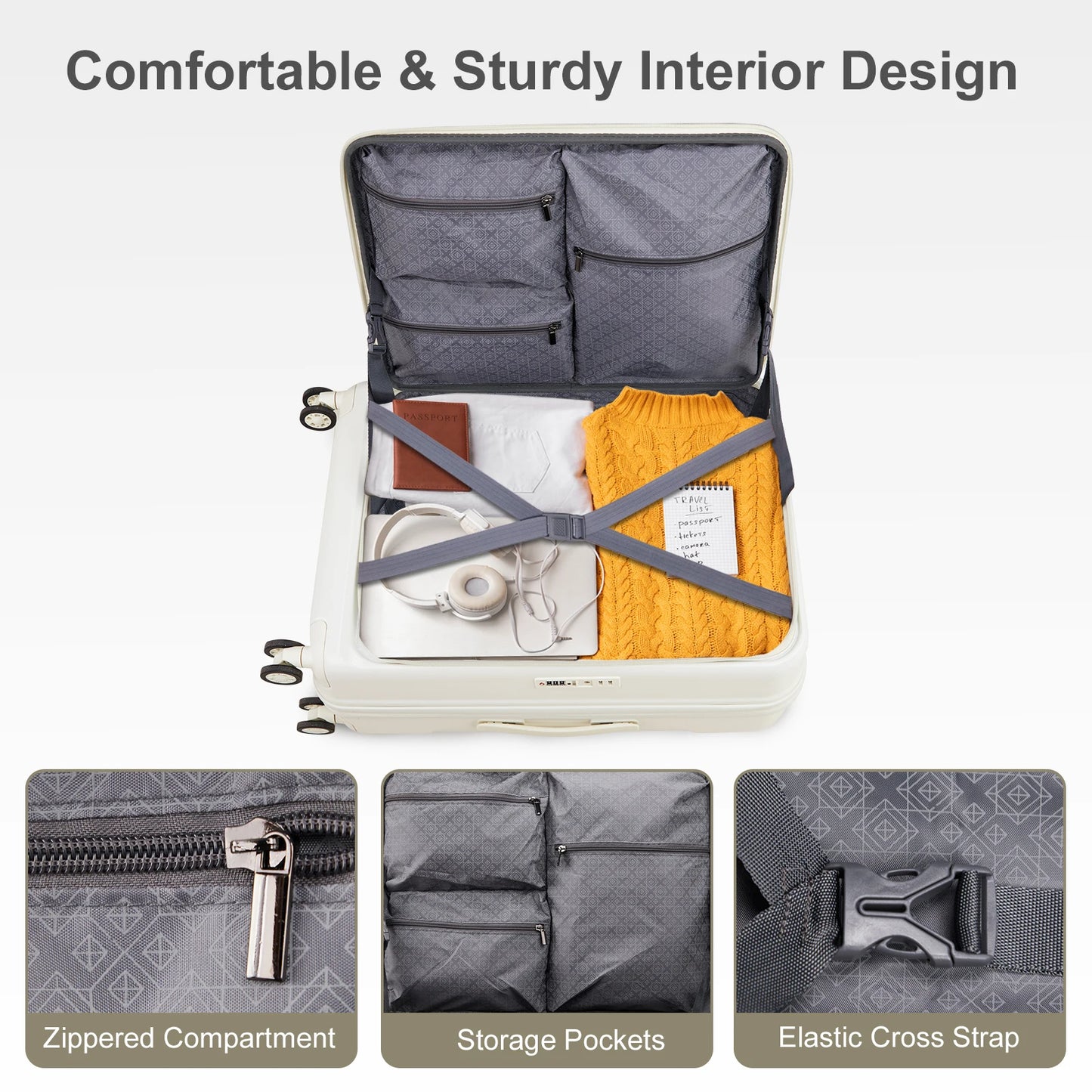 22 ×14 × 9 Airline Approved with USB Port, ABS+PC 20 Inch Luggage with Front Compartment, Double Spinner Wheels, TSA Lock White