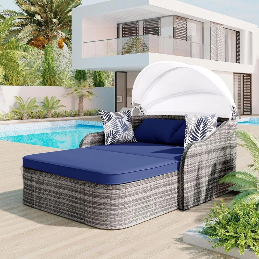 Outdoor Patio Sunbed Daybed with Adjustable Canopy,PE Wicker Rattan Daybed Double Chaise Lounger with Cushions