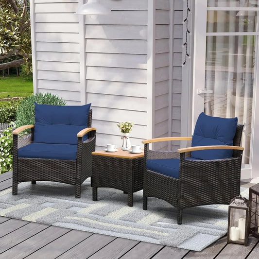 3-Piece Patio Furniture Set, Patiojoy Outdoor Rattan Sofa Set with Coffee Table, Patio Conversation Set with Removable Cushion