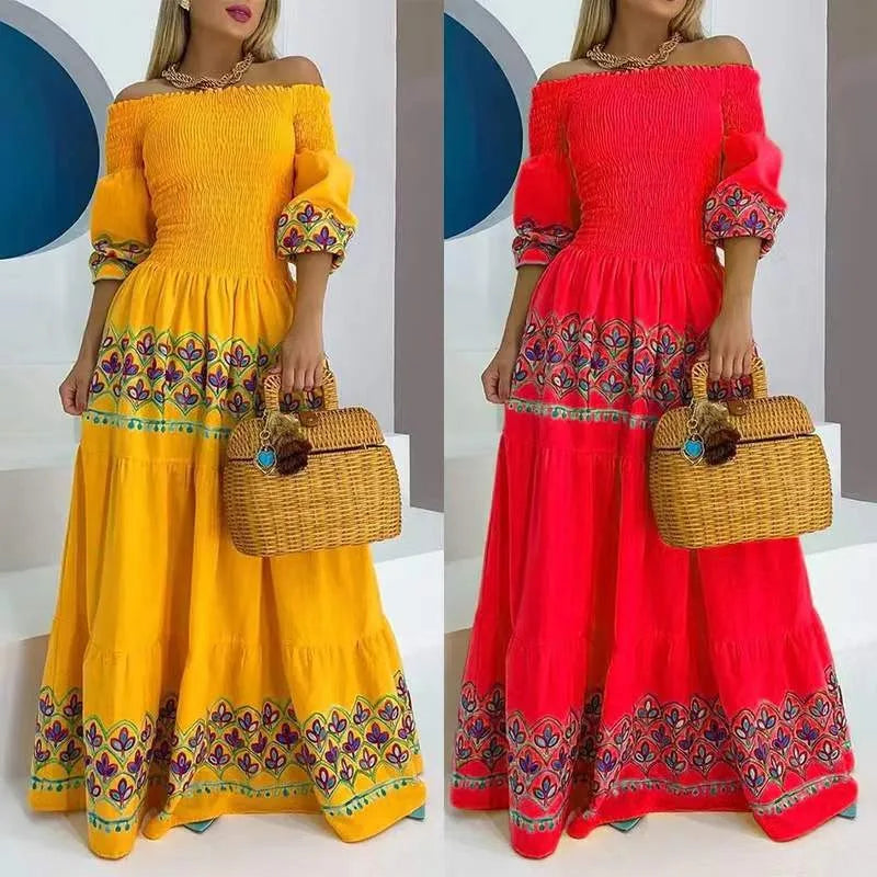 Women Long Loose Maxi New Summer High Waist Strap Type Loose Yellow Ethnic Print Long Group Dress