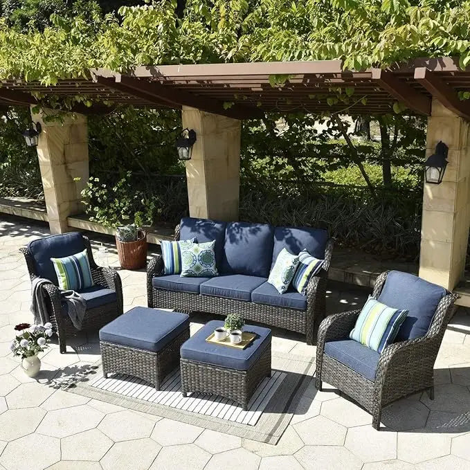 Patio Furniture Sets Outdoor Furniture Conversation Set 5 Pieces All Weather Wicker High Back Sofa with Ottomans, Outdoor Sofa