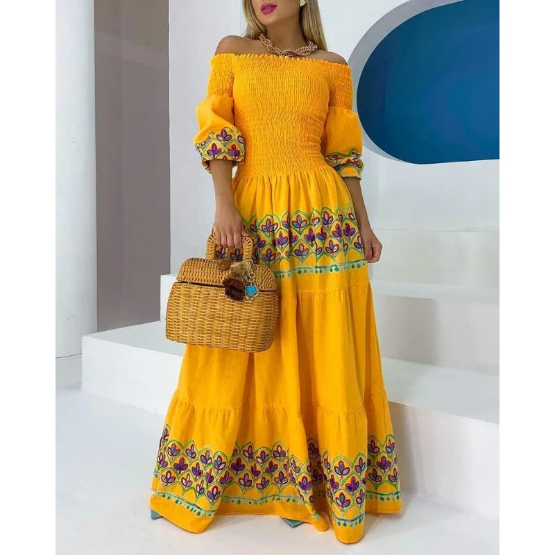 Women Long Loose Maxi New Summer High Waist Strap Type Loose Yellow Ethnic Print Long Group Dress