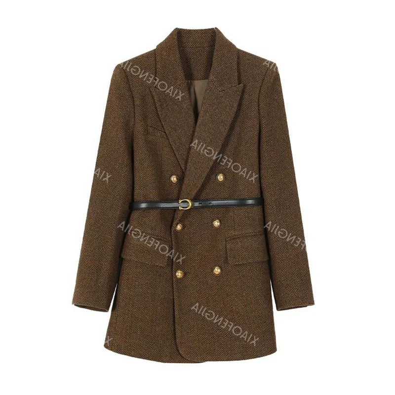 Comes With Belt A Vintage Wool Jacket For Women Autumn And Winter 2024 New Popular Seasonal Green Temperament Top Female Blazer