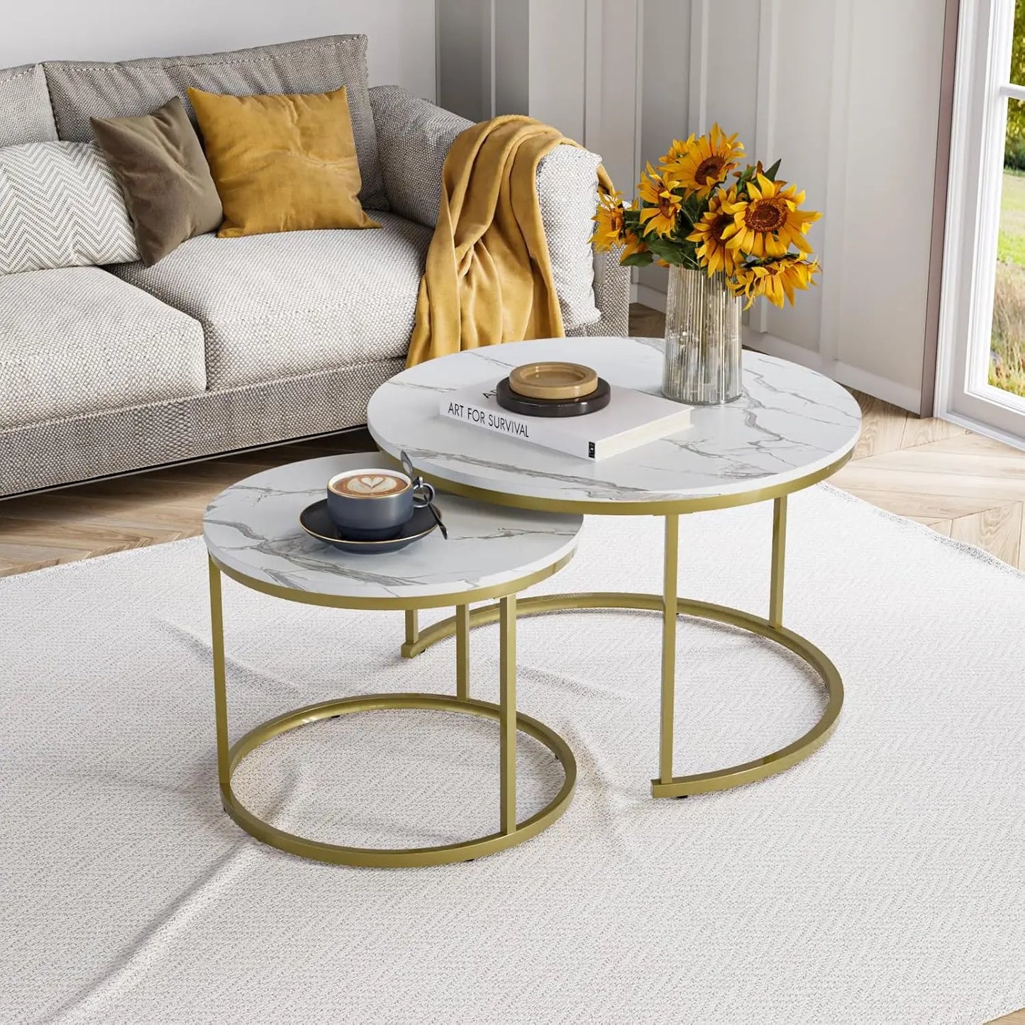 Nesting Coffee Table Set of 2, 23.6" Round Coffee Table Rustic Wood Top with Adjustable Non-Slip Feet, Industrial End Table