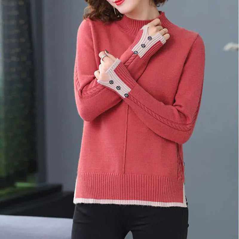 Spring Autumn Women Pullovers Korean Loose Solid Half Turtleneck Sweater Ladies Long Sleeve Jumper Tops Female Knitted Sweater