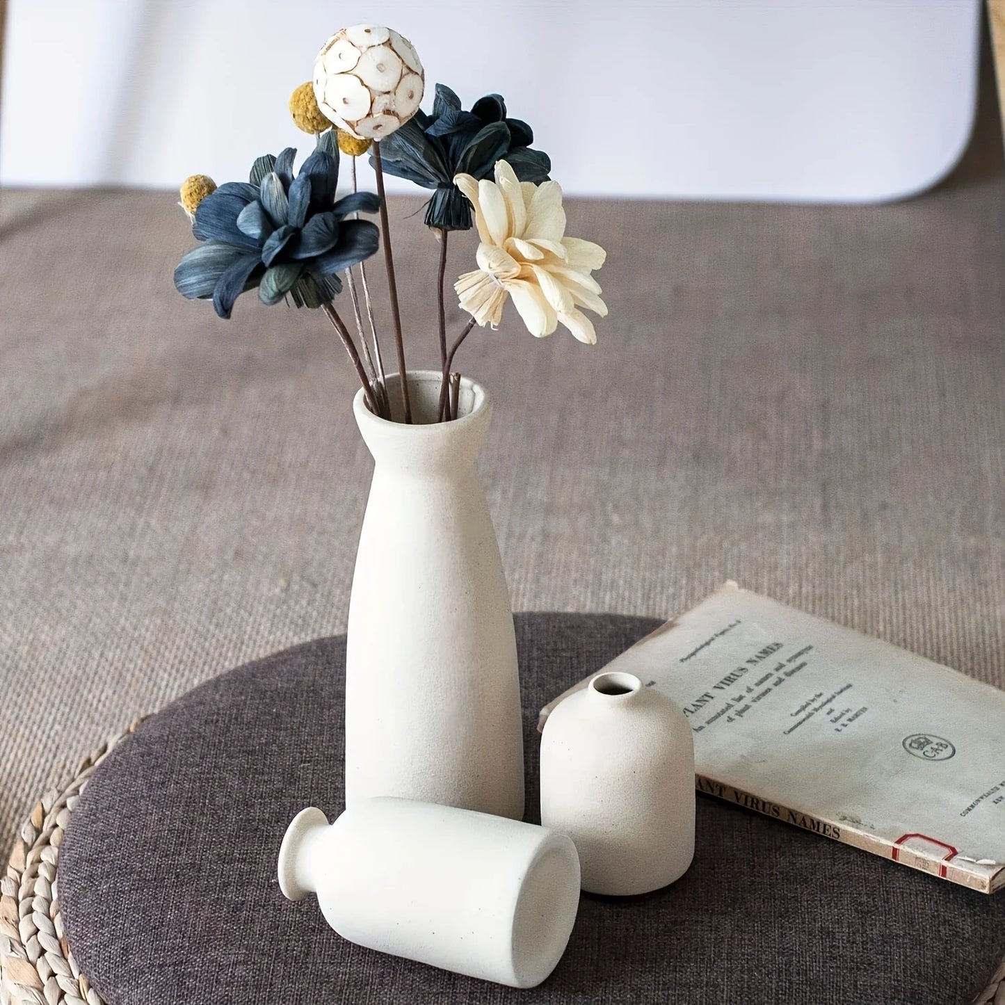 Distressed Ceramic Vase Set of 3, Modern Bohemian Farmhouse Home Decor, Pampas Grass Dried Flowers Vases for Living Room, Dining