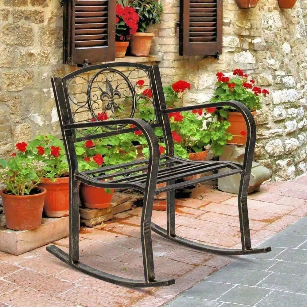 Indoor/Outdoor Rocking Chair Wrought Iron Porch Patio Relax Seat Metal Furniture
