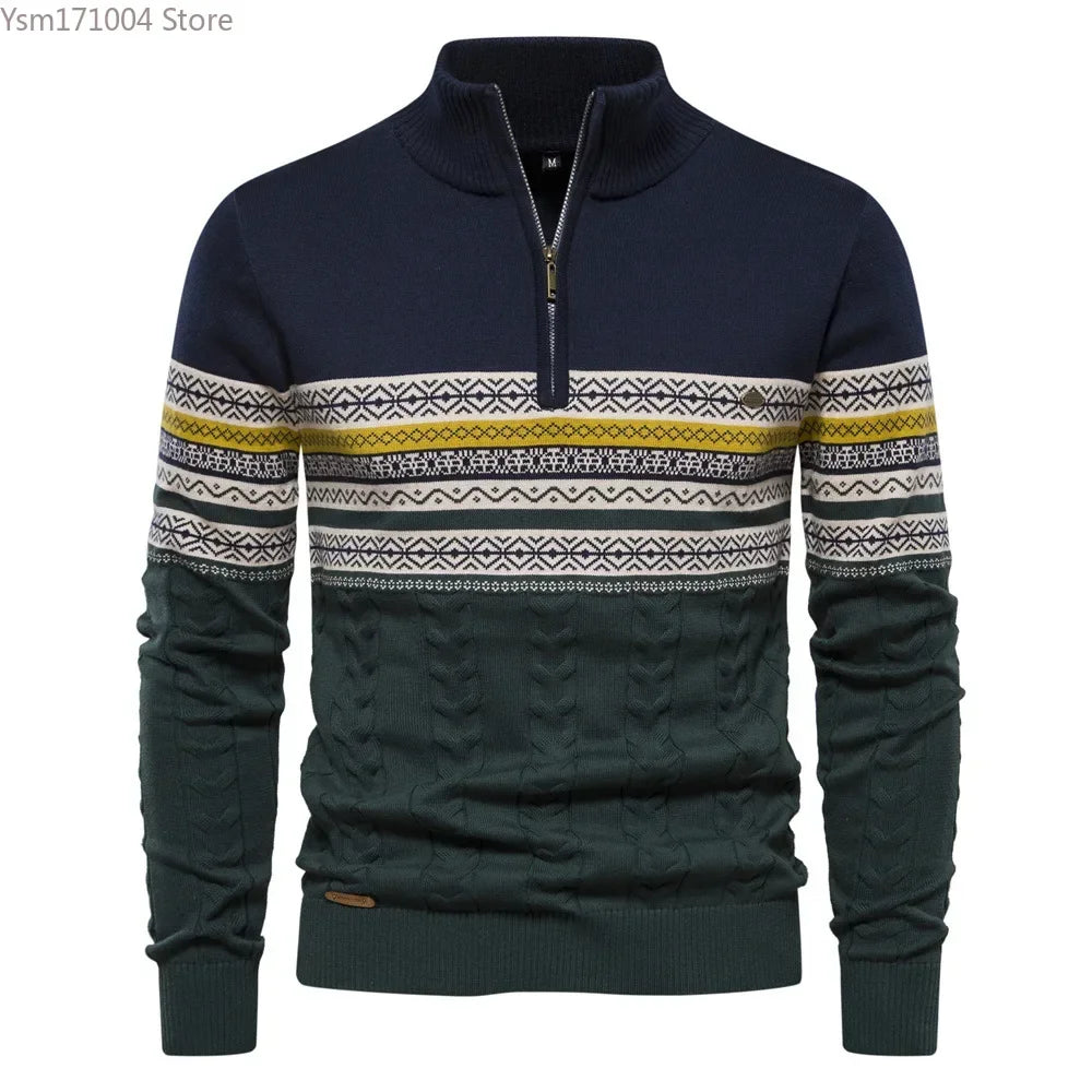 Men's Sweater Half High Neck High Elastic Tight and Warm Knitted Pullover Casual Fashion Street Striped Sweater Men Clothing