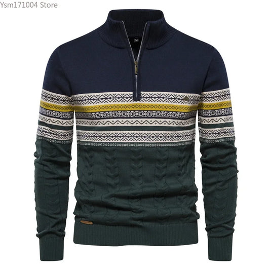 Men's Sweater Half High Neck High Elastic Tight and Warm Knitted Pullover Casual Fashion Street Striped Sweater Men Clothing