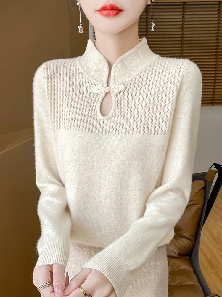 Women Merino Wool Sweater Mandarin Collar Pullover Chinese Style Cashmere Bottoming Knitwear Retro Long Sleeve Clothing Tops