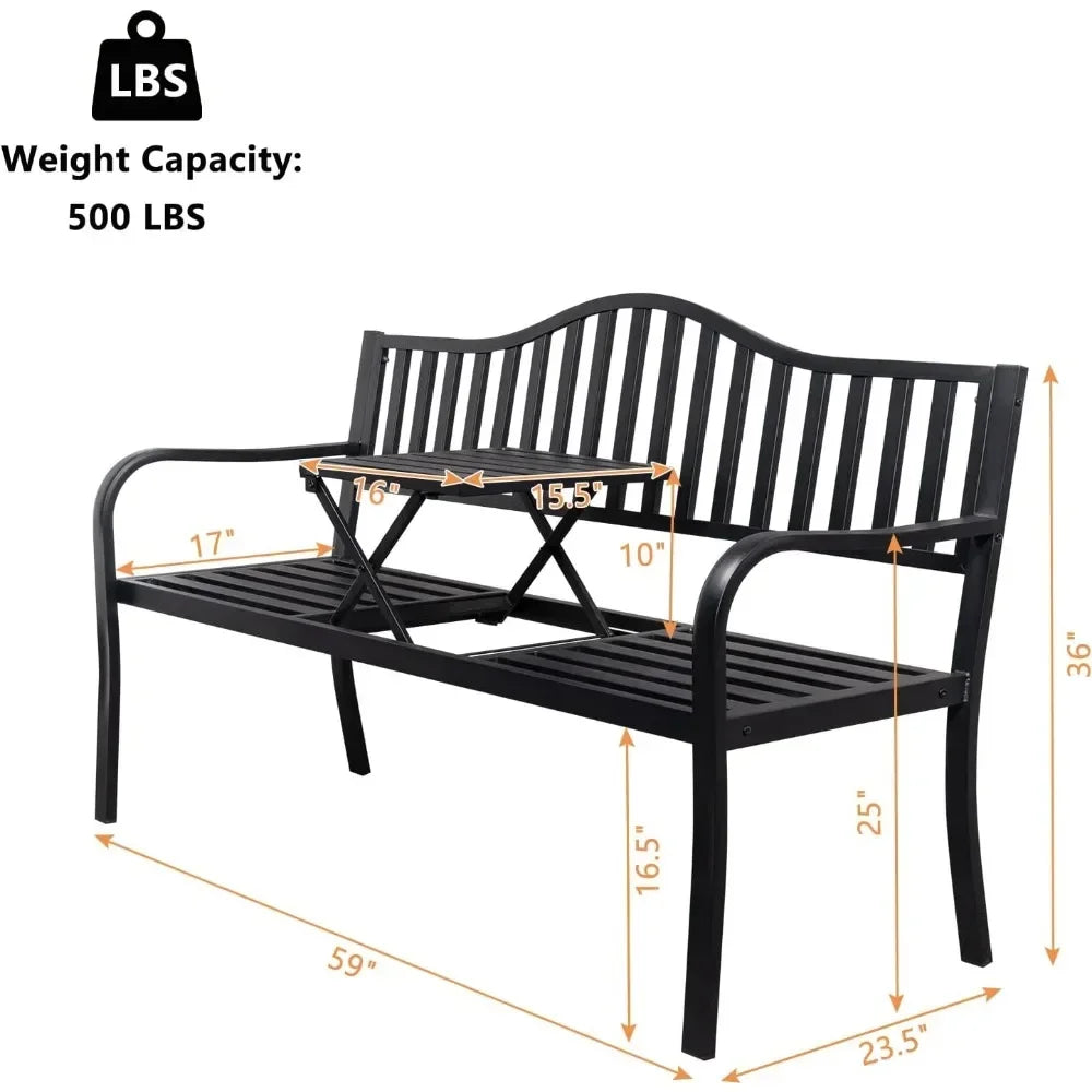 59" Outdoor Metal Bench Patio with Built in Table Park Garden, Outside es Weather Proof Front Porch
