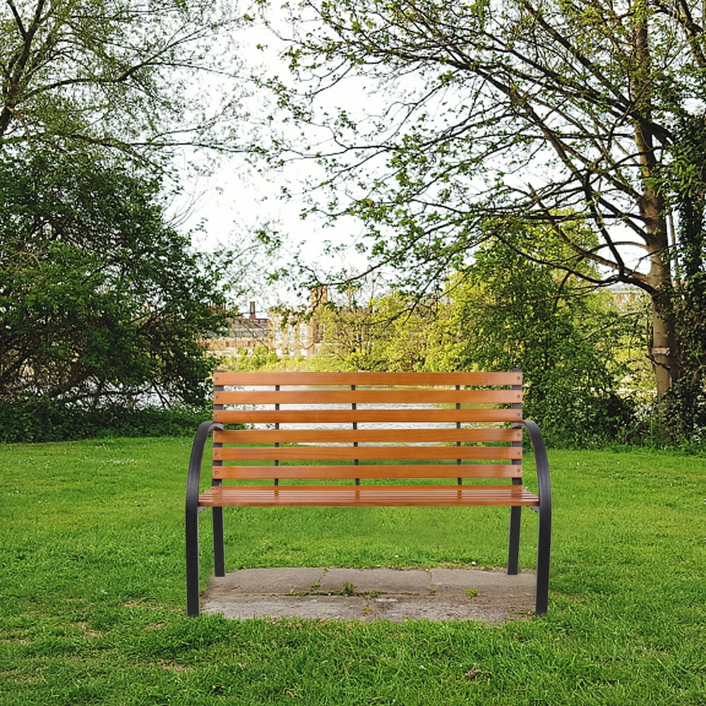 48" Hardwood Slotted Steel Cast Iron Frame Outdoor Patio Garden Bench Park Seat Classic Design, Blend Perfectly With Nature