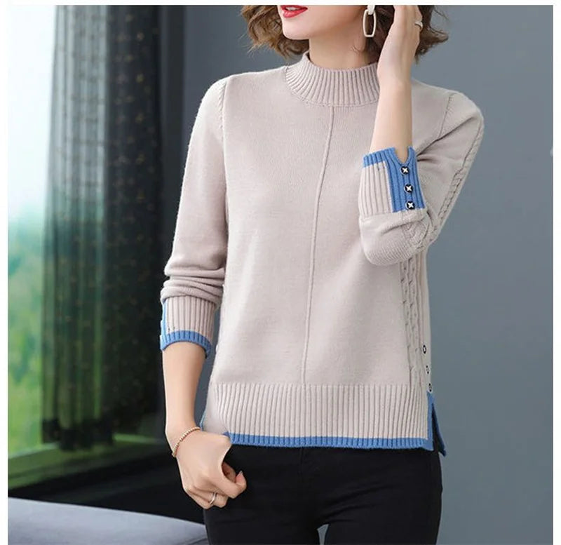Spring Autumn Women Pullovers Korean Loose Solid Half Turtleneck Sweater Ladies Long Sleeve Jumper Tops Female Knitted Sweater
