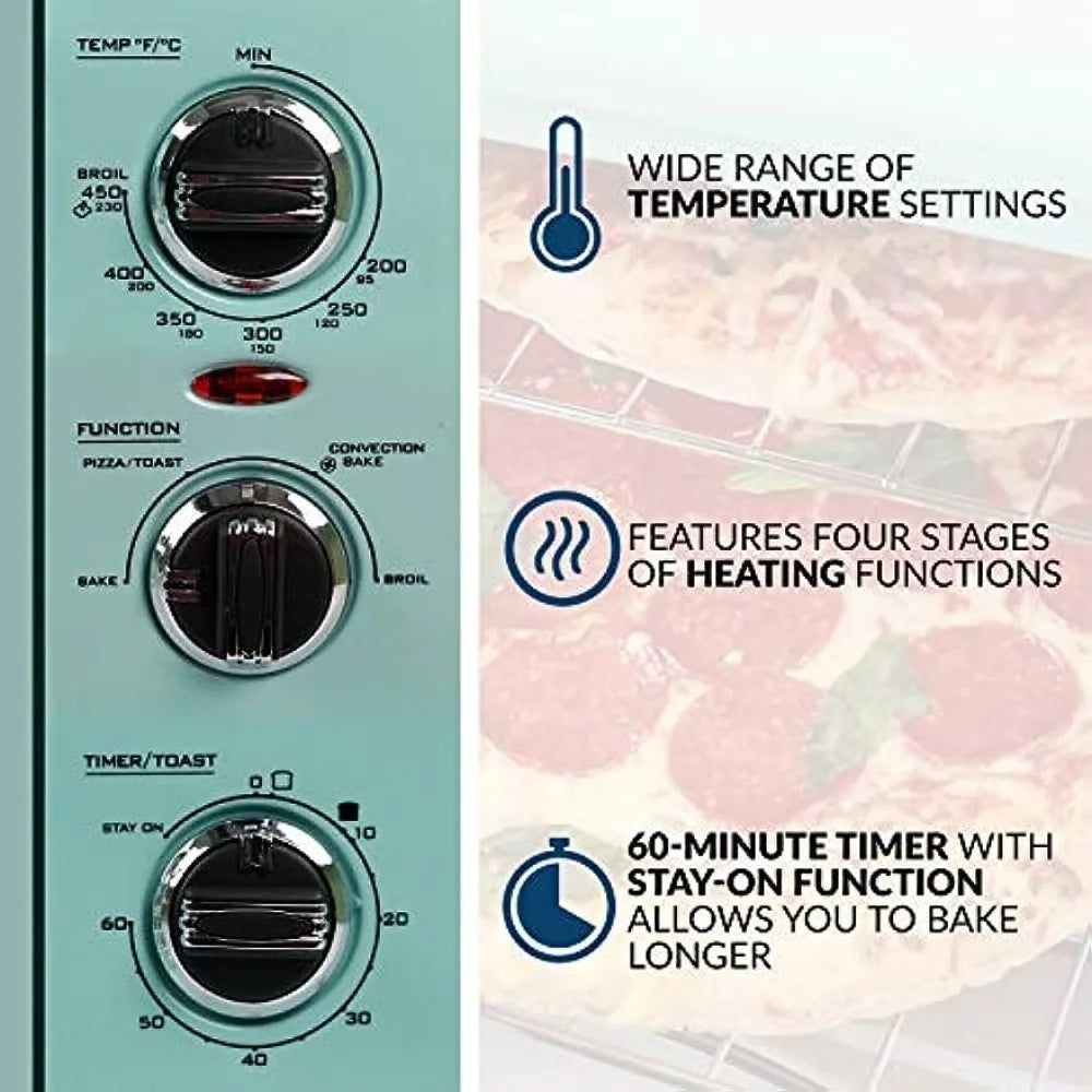 Nostalgia 0.7 Cu Ft Retro Toaster Oven with 4 Cooking Functions Fits 12 Slices of Bread, Two Pizzas