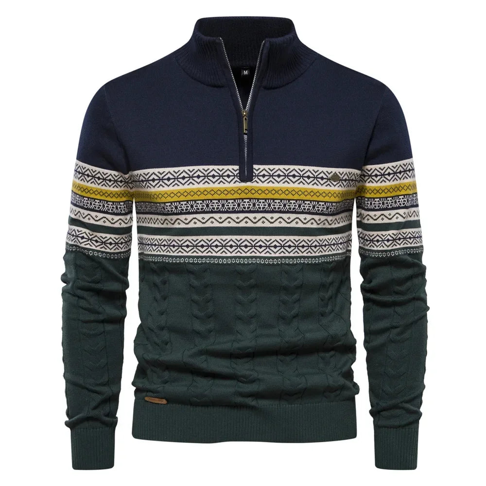 Men's Sweater Half High Neck High Elastic Tight and Warm Knitted Pullover Casual Fashion Street Striped Sweater Men Clothing