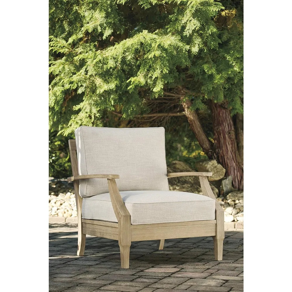 Outdoor Eucalyptus Wood Single Cushioned Lounge Chair for Patio, 30"D x 35"W x 37"H,Beige