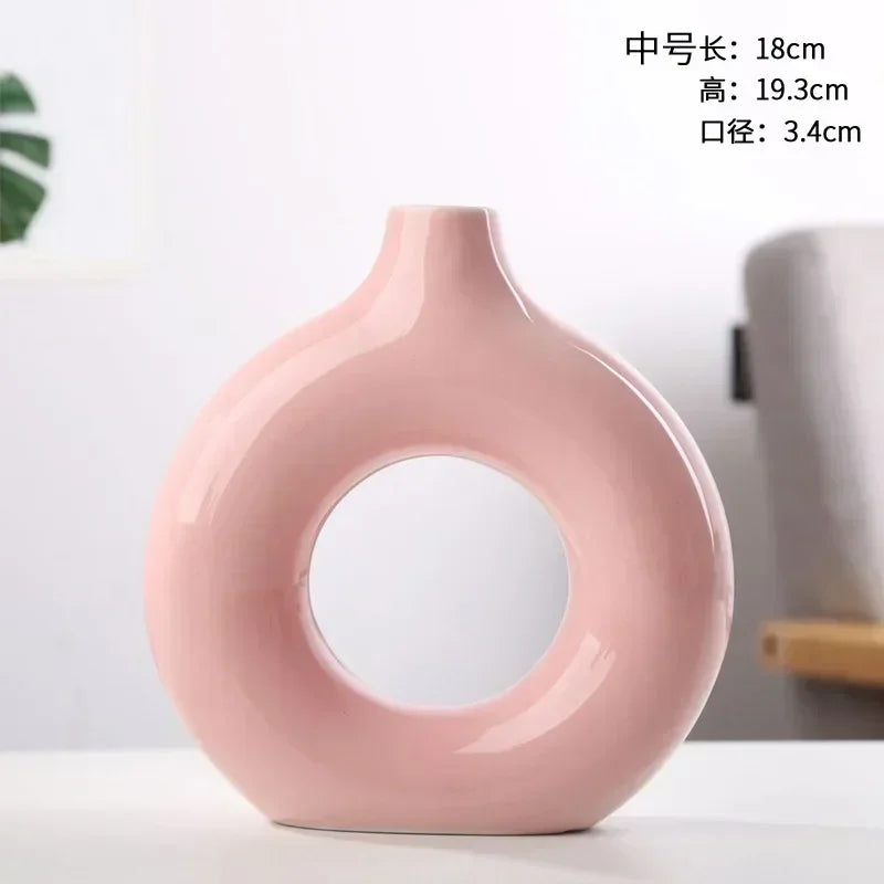 Nordic Vase Circular Hollow Ceramic Flower Vase for Home Living Room Decoration Accessories Interior Office Desktop Decor Gift