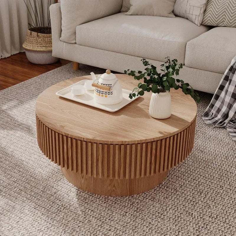Round Coffee Table with Storage, 31.5" Modern Solid Wood Veneered Drum Coffee Table Circle Wood Table Side Table