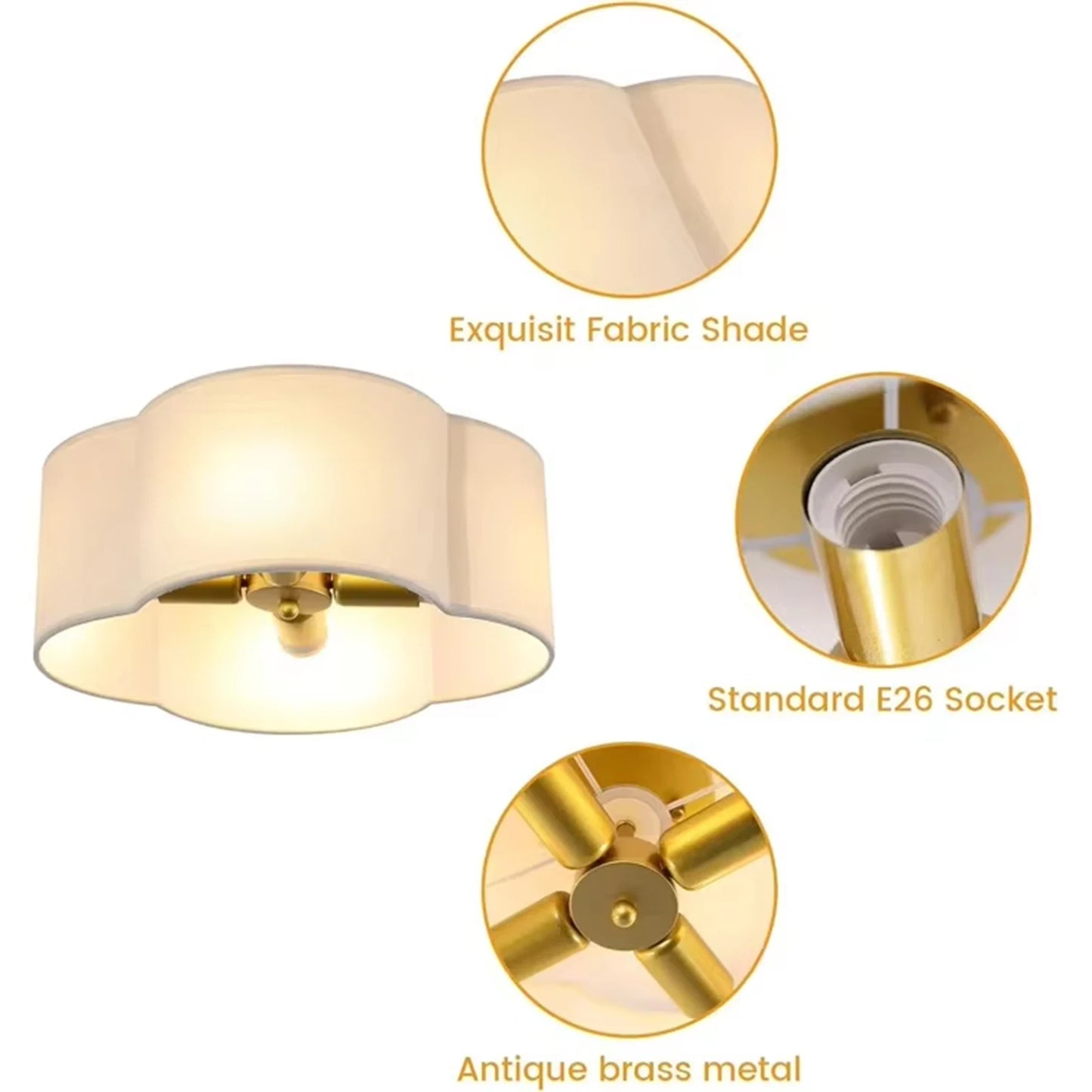 Semi Flush Mount Ceiling Light, Gold Drum Light Fixture with Cream White Fabric, Farmhouse Ceiling Lights Fixtures for Bedroom N