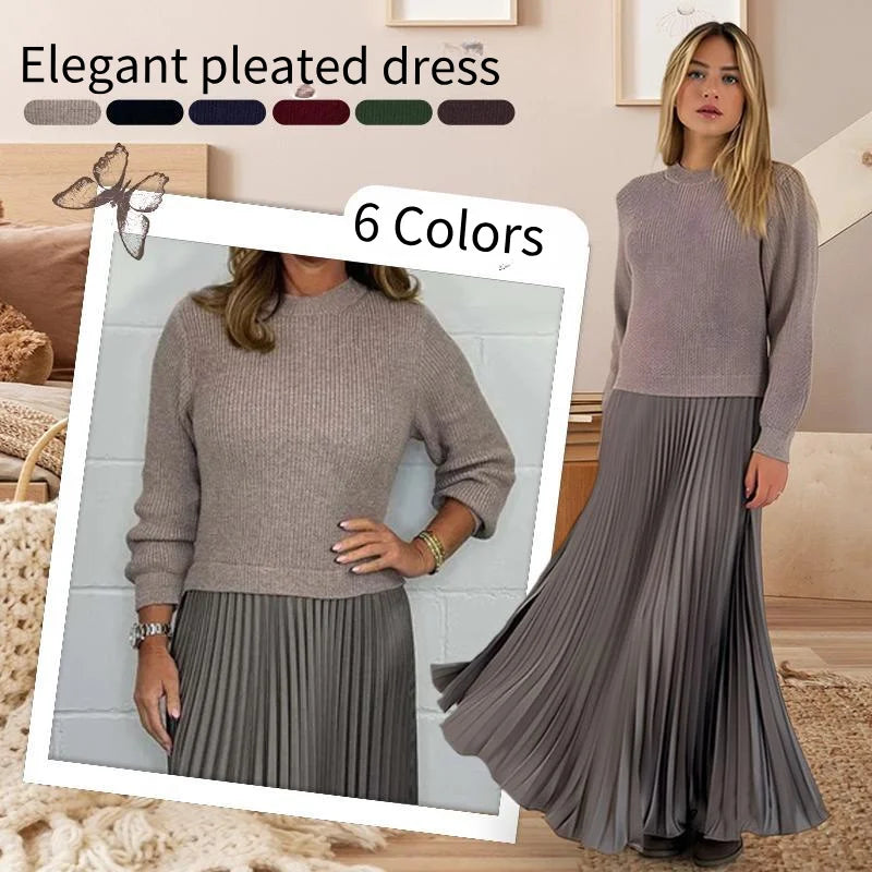Women's solid color Long Sleeve Jumper Pleated Bottom Dress S-3XL Elegant and stylish pleat dresses with round neck for women