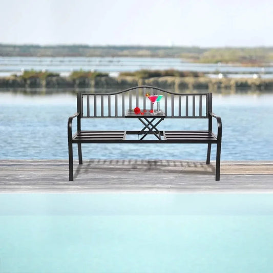 59" Outdoor Metal Bench Patio with Built in Table Park Garden, Outside es Weather Proof Front Porch